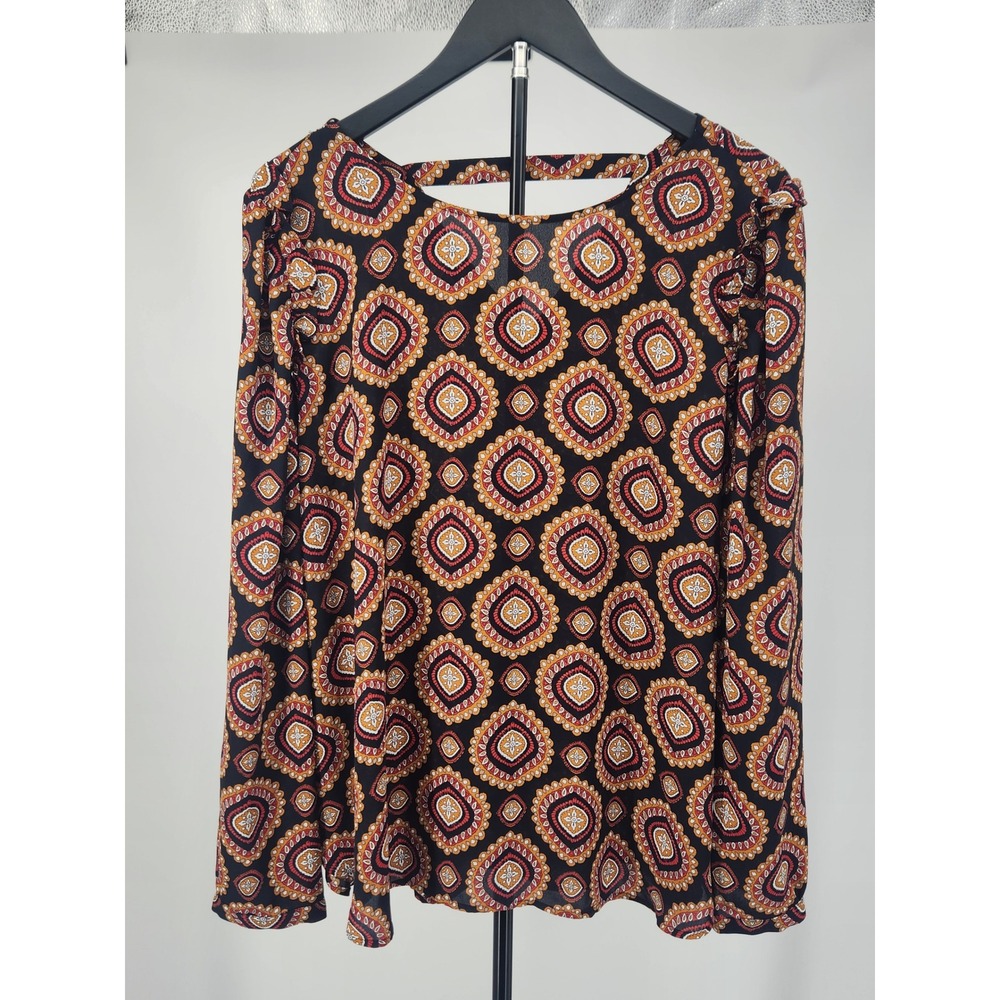 LOFT Womens XL Medallion Print Ruffle Shoulder Long Sleeve Blouse Black Orange